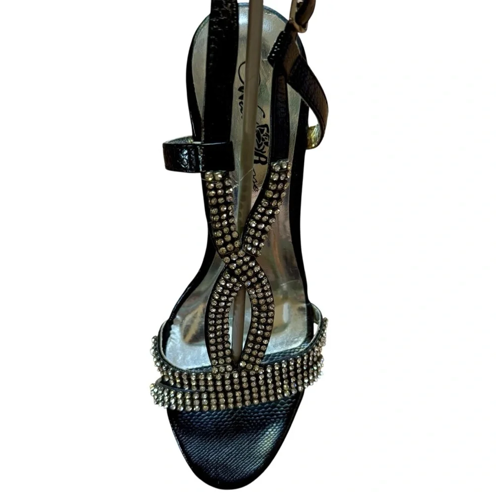 Wild Rose Black Rhinestone Open Toe Strappy Slingback Stiletto Sandals Size 8
